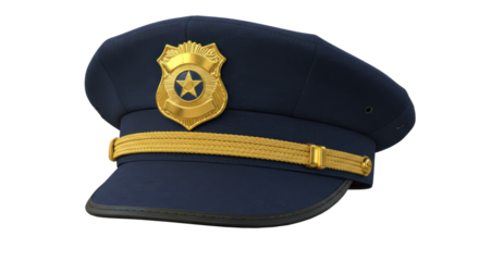 Isolated Navy Blue Police Hat with Gold Badge and Strap