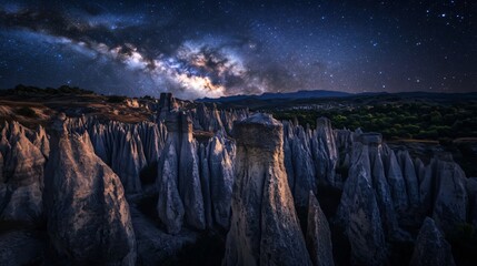 Captivating Fairy Chimneys Under Milky Way Galaxy at Night in Turkey