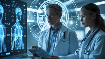 Futuristic AI-powered medical interface analyzing patient data with holographic projections. Perfect for illustrating the role of artificial intelligence in modern healthcare and diagnostics