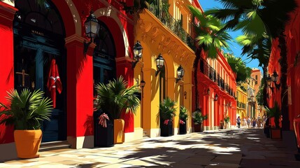 Fototapeta premium Vibrant Mediterranean Street Scene: Sun-Drenched Buildings and Palm Trees