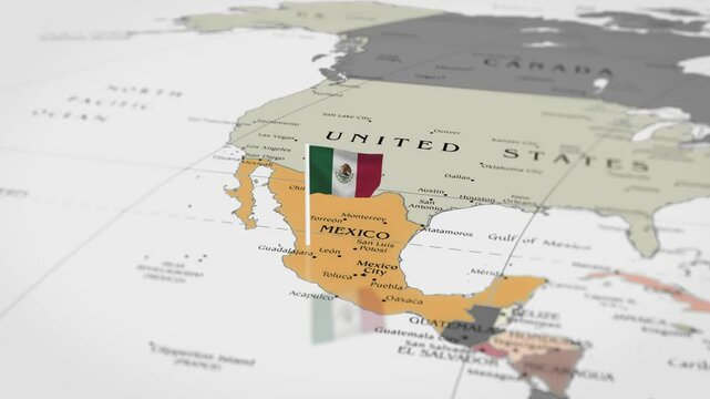 The camera rotating around Mexico on the world map takes the focus. Mexico flag waving on the map 4K Animation.