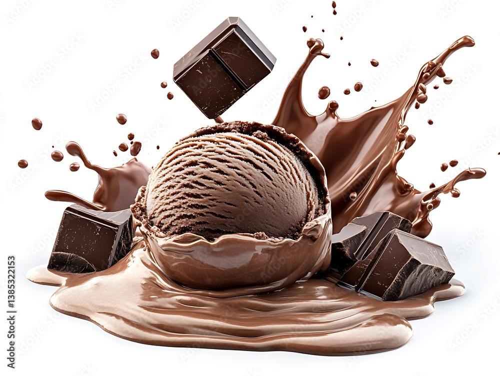 Aufkleber Irresistible presentation of chocolate ice cream in a splash with textured chocolate blocks around it : Generative AI