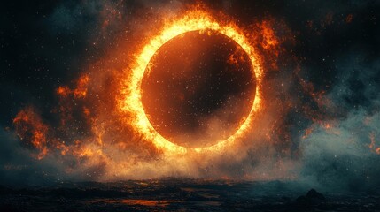 Obraz premium Fiery ring portal, dark fantasy background, smoky scene, digital art, game design