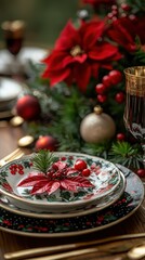 Christmas Table Setting with Red Poinsettia