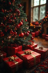 A Magical Christmas Eve: Red Presents Under a Majestic Christmas Tree