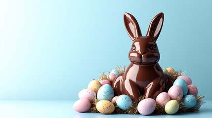 Minimalist Easter composition featuring glossy chocolate bunny with colorful eggs soft lighting pastel tones high resolution textures created with Generative AI technology