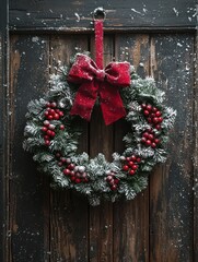 A Rustic Christmas Wreath Hanging on a Snowy Wooden Door