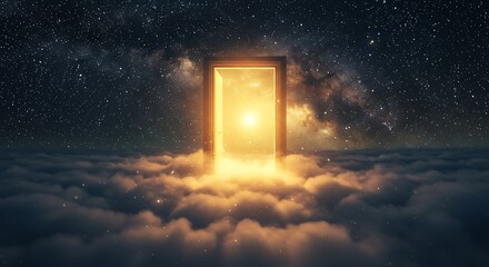 Open Door Above Clouds Leading to a Bright Starry Sky
