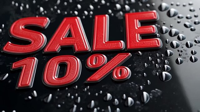 Water droplets glisten on a dark surface showcasing a vibrant red sign indicating a 10 percent sale on various items. This promotional event invites shoppers to take advantage of reduced prices