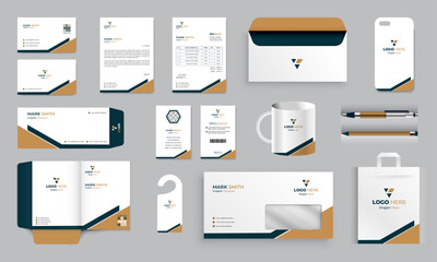 Simple Brand Identity Mock-Up of stationery set Business office stationary mockup template Brand guideline design with invoice mug door hanger letterhead ID card file folder print items vector file.