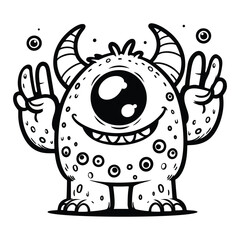 Adorable Monster with One Eye, Cute Horns, and Peace Symbols - Hand-Drawn Coloring Page for Kids and Fun Activities