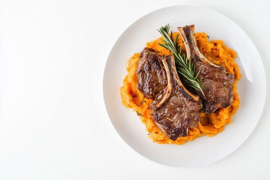 A plate of roasted lamb chops with a rosemary garnish and mashed sweet potatoes. Featuring elegance and flavor