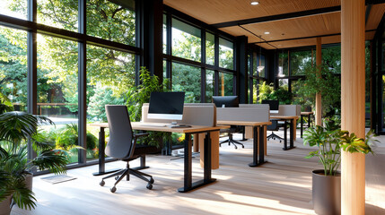 Fototapeta premium Office Interior with Monitors, Plants, and Wooden Furniture