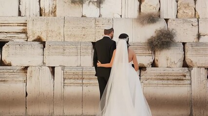Jewish newlyweds praying together at Western Wall, celebrating traditional marriage ritual with spiritual devotion
