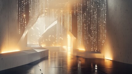 Abstract AI-themed design featuring geometric shapes and ethereal light strands in a futuristic setting