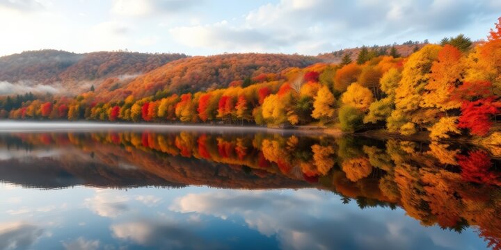 Misty autumn morning at Lake Grza, Paracin, Serbia Colorful foliage reflects in still water, colors, october