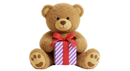 Isolated Teddy Bear Holding Wrapped Present with Striped Pattern