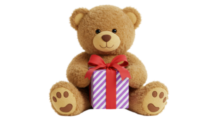 Isolated Teddy Bear Holding Wrapped Present with Striped Pattern