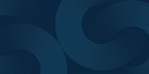 Fototapeta premium Dark blue abstract background with glowing circle lines. Geometric stripe line art design. Modern shiny blue diagonal rounded lines pattern. Futuristic technology concept. Vector illustration