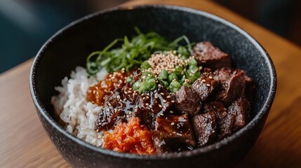 A warm, inviting close-up of a rice bowl with juicy beef, sesame seeds, and scallions