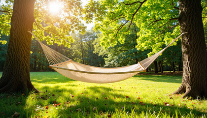 Relaxing hammock under green trees in sunny park, peaceful escape