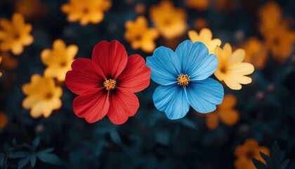 Vibrant Cosmos Duo: A Red and Blue Floral Symphony