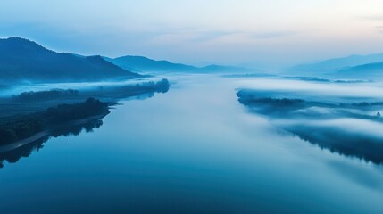 Fototapeta premium Misty River Valley Aerial View