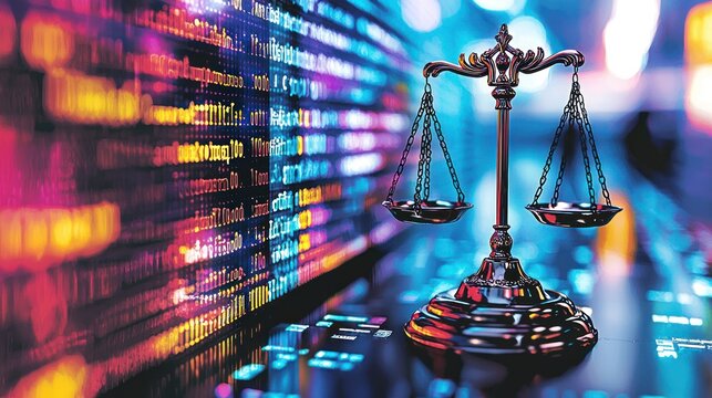 Digital Scales of Justice, Software Background, Concept, Stock Photo