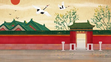 Ancient Chinese imperial court-style architecture, along with landscapes featuring lotus flowers and cranes. © Edison