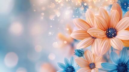 Naklejka premium Soft Peach & Blue Flowers, Bokeh Background, Floral Design, Nature