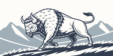 Vintage Bison Vector Illustration with Mountain Background for Outdoor Themes © Muhammad
