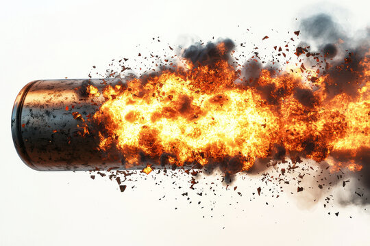 dynamic 3D render of propane tank explosion with fiery debris and intense energy, Isolated design on white background