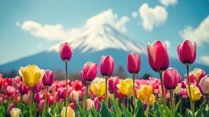 Mount Fuji with a field of colorful tulips in the foreground, capturing the essence of spring