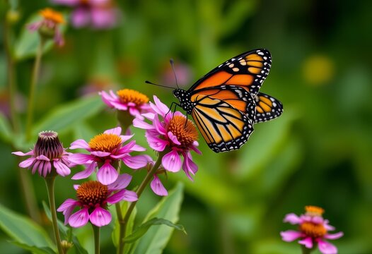 Monarch butterfly perched on vibrant pink milkweed blossoms, Pennsylvania summer, insect, orange