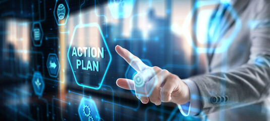 Businessman clicks action plan. Algorithm and strategy development business
