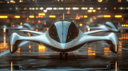 Futuristic Flying Vehicle on a Wet Runway at Night