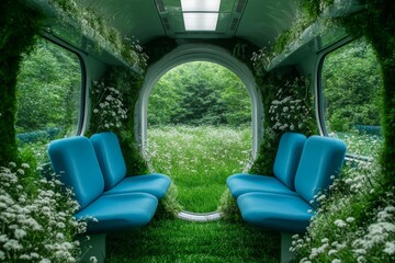 Futuristic train interior with grass and wildflowers blending nature and transport for eco-conscious campaigns