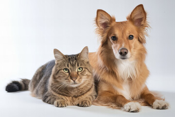 Obraz premium Golden-Brown Dog and Tabby Cat Lying Side by Side on White Background