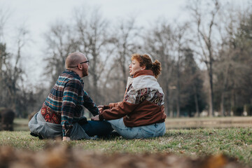 A man and woman sit on the grass in a park, enjoying a calm moment together in nature. The backdrop...