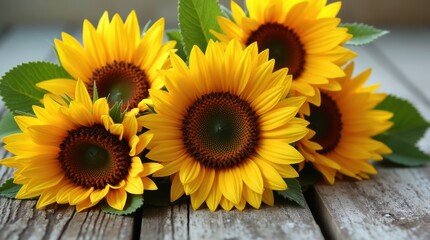 Fototapeta premium Beautiful bouquet of sunflowers on a weathered wooden surface
