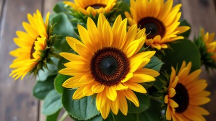 Fototapeta premium A vibrant display of sunflowers on a rustic wooden table, creating a cheerful atmosphere