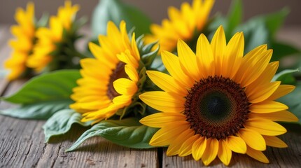 Fototapeta premium A vibrant display of sunflowers on a rustic wooden table, creating a cheerful atmosphere