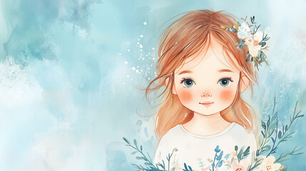 Cute girl smiling with flowers against a soft blue background  