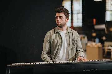 Musician rehearsing on a keyboard in an indoor space, preparing for a performance. The atmosphere reflects dedication, artistry, and music-making in an engaging and comfortable studio environment.