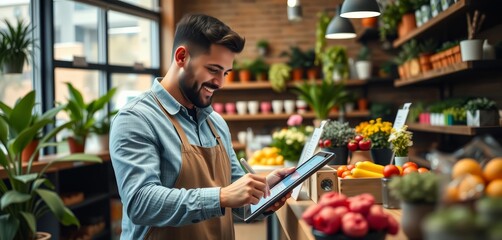 Plant shop owner uses digital tablet to take customer order at counter, eco, retail