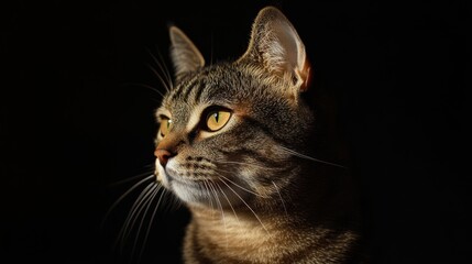 Obraz premium Close-up portrait of tabby cat, dark background, thoughtful look, possible use in pet adoption campaign
