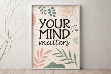 Modern typographic art saying "Your mind matters" in bold font, soft tones, calm and elegant design.