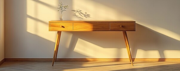 Wooden desk with three drawers in empty room with soft sunlight and shadows