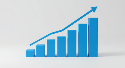 Blue graph bars with upward arrow demonstrating business growth and success. Financial data visualization for economic progress analysis