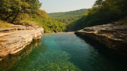 Obraz premium Tranquil Natural Pool Cascading into a Lush Green Canyon Landscape, Outdoor Paradise